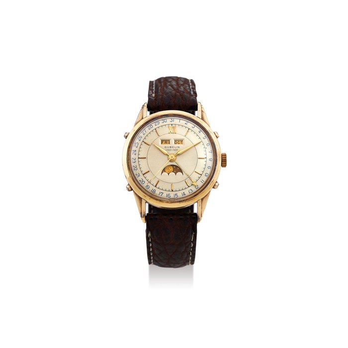 Gübelin. A Yellow Gold Triple Calendar Wristwatch with Moon-Phases