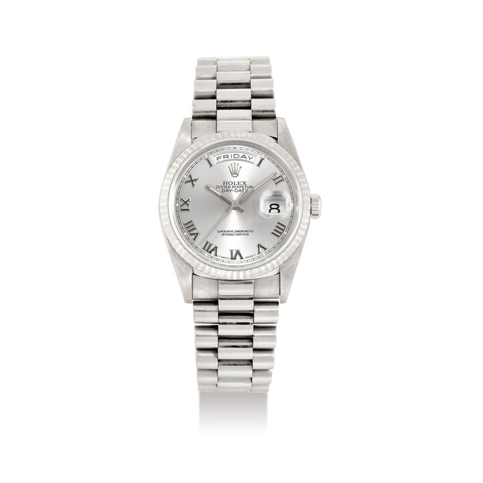 Rolex, A 18K White Gold Oyster Perpetual Day-Date Wristwatch, No. 18239-T411140, with ceritificate