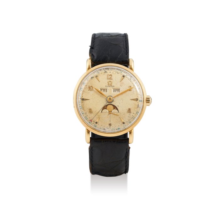Longines Omega. A Yellow Gold Triple Calendar Wristwatch with Moon-Phases Ref. 2473