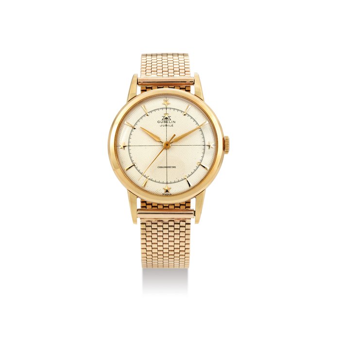 Gübelin. A Yellow Gold Chronometer Bracelet Watch with Honeycomb Dial and Elongated Lugs