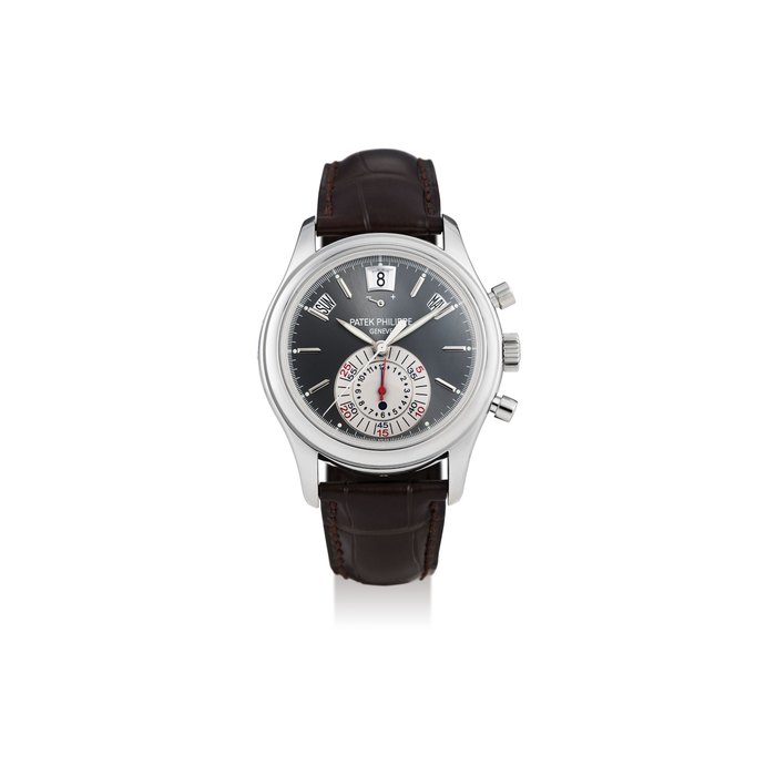 Patek Philippe. A Fine Platinum Annual Calendar Chronograph Wristwatch with Power Reserve Ref. 5960P-001