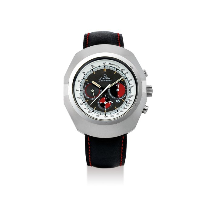 Omega Omega. A Very Rare Stainless Steel Chronograph Wristwatch with 'Helmet' form bezel, Price & Market Data