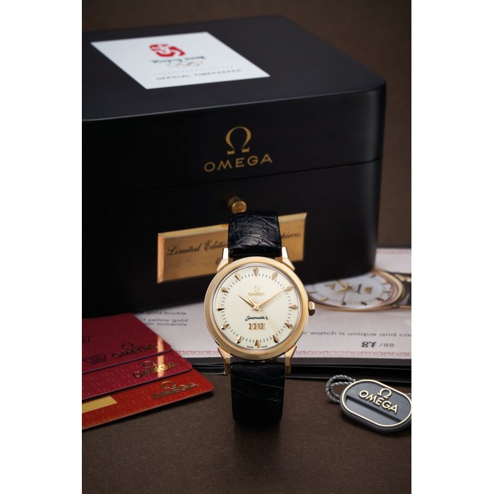 Omega. A Limited Edition Yellow Gold Co-Axial Wristwatch Made to Commemorate the 2008 Beijing Olympic Games, With box, certificate and tags