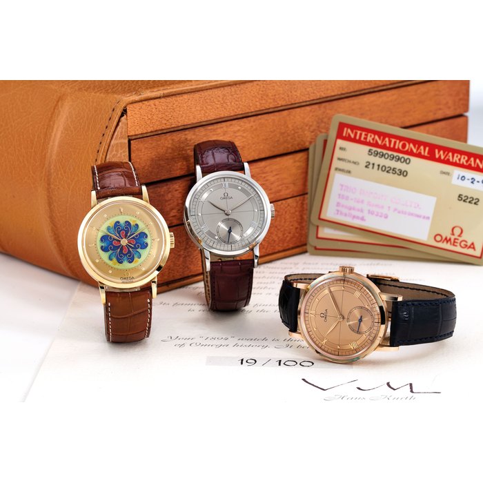Omega. The '1894 Collection', A Limited Edition Set of 3 Wristwatches as Unveiled at Baselworld in 1994 and Produced To Commemorate the Omega Brand's 100th Anniversary, Each Fitted with 30mm Calibres, One in Platinum, One in Yellow Gold with Cloissoné Enamel Dial and One in Pink Gold, With box and certificate, and warranty cards Ref. 59909900