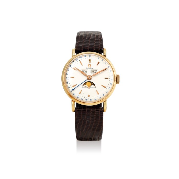 Omega. A Yellow Gold Triple Calendar Wristwatch with Moon Phases Ref. 2473