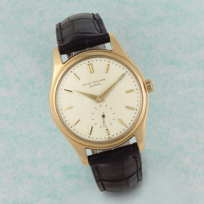 Patek Philippe. A fine and rare 18K gold automatic wristwatch with enamel dial Calatrava, Ref: 2526, Sold April 14th 1958