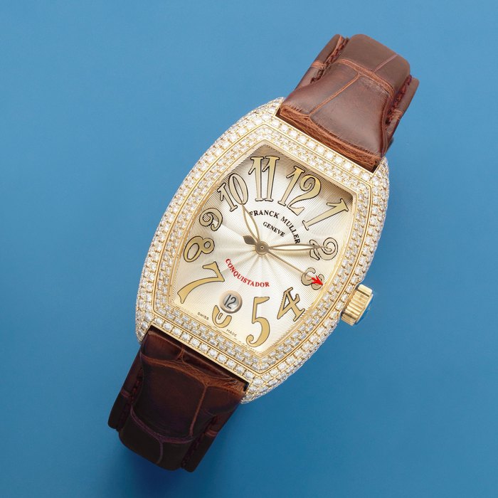 Franck Muller. An 18K gold and diamond set automatic calendar tonneau form wristwatch Conquistador, Ref: 8002 SC D, Circa 2000