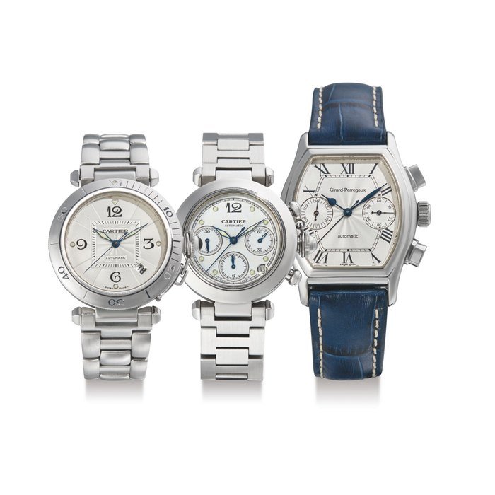 Girard-Perregaux Cartier and Girard Perregaux, Three Stainless Steel Automatic Wristwatches: Cartier, with Date, "Pasha"; Cartier, chronograph "Pasha", "Girard-Perregaux Chronograph "Richeville" with one Cartier suede pouch