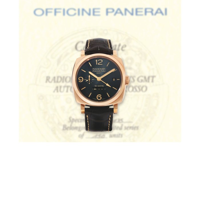 Panerai, A Very Rare Red Gold 10-Day Automatic Dual Time Cushion-Form Wristwatch with Date and Day-Night Indication, Radiomir 1940 GMT, PAM00625, No: R135/150, with box and certificate