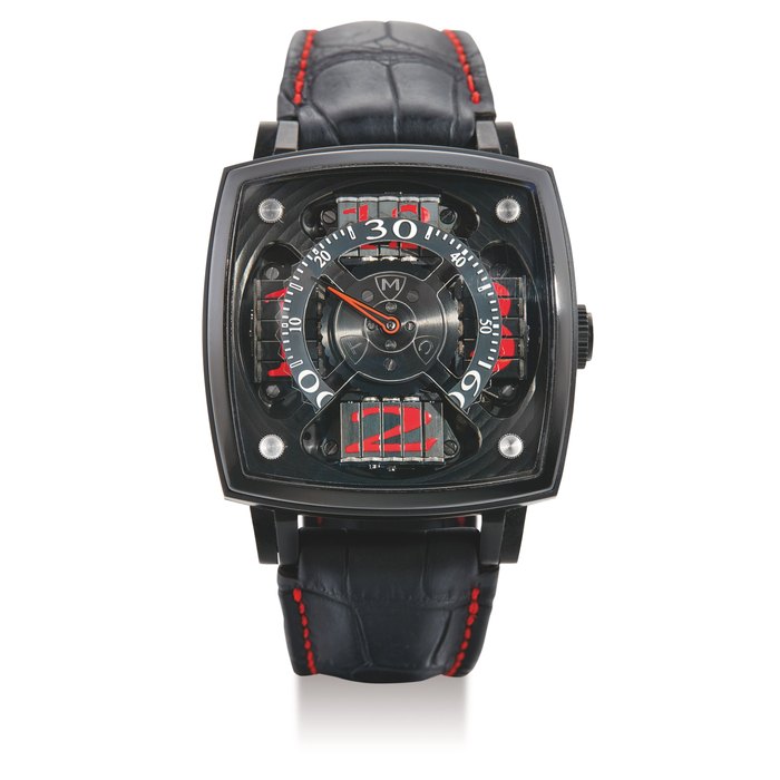 Manufacture Contemporaine du Temps, A Limited Edition Blackened White Gold Square Hour Sequential Indicator Wristwatch with Jumping, Rotating Minute Sector, "Sequential One" No 1/8 Case No: SQ45S1WG 0049
