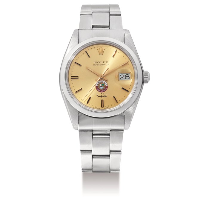 Rolex, A Stainless Steel Automatic Center Seconds Wristwatch with Date, Bracelet and Dial with State of Qatar Emblem, Ref. 6694, "Oyster Date"