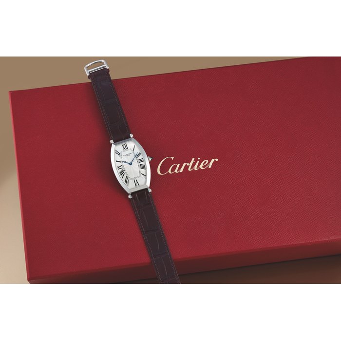 Cartier, A Rare Large Special Edition "Salon Privee" Platinum Tonneau Wristwatch