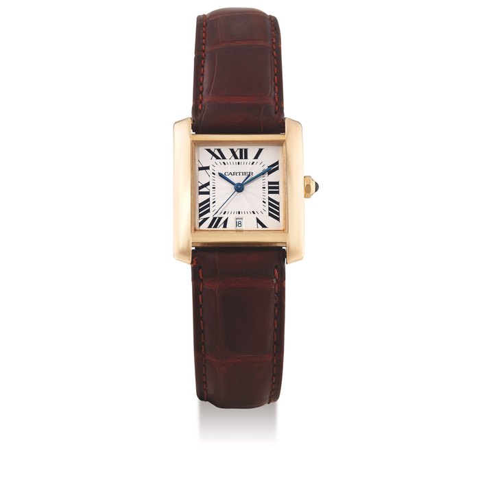 Cartier, A Yellow Gold 'Tank' Centre Seconds Automatic Wristwatch with date, with box and certificate