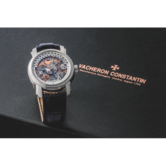 Vacheron Constantin, A Rare Platinum Semi-Skeletonised Automatic Perpetual Calendar Wristwatch with Retrograde Date Ref. 47032
