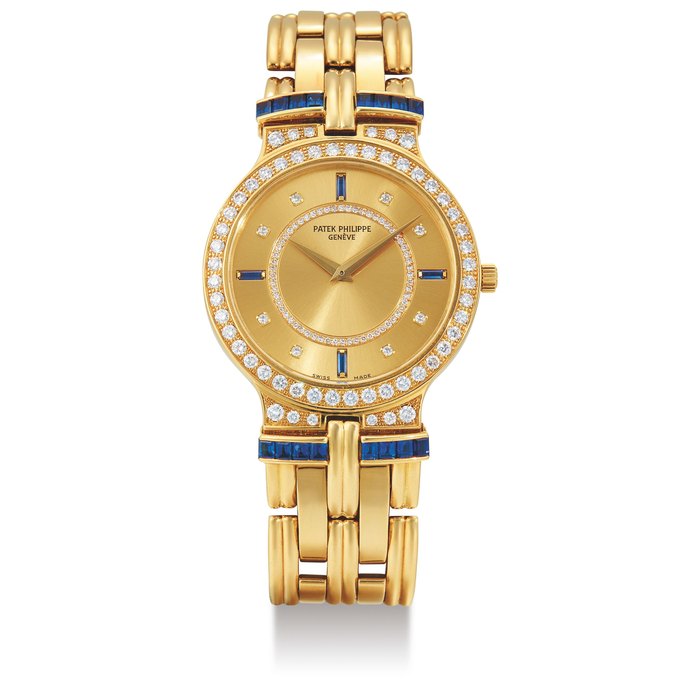 Patek Philippe, A Yellow Gold, Diamond and Sapphire Set Bracelet Watch, Ref. 3964/11 Mvt No. 1332193, Case No. 2844253 with Leather Pouch and Extract from the Archives