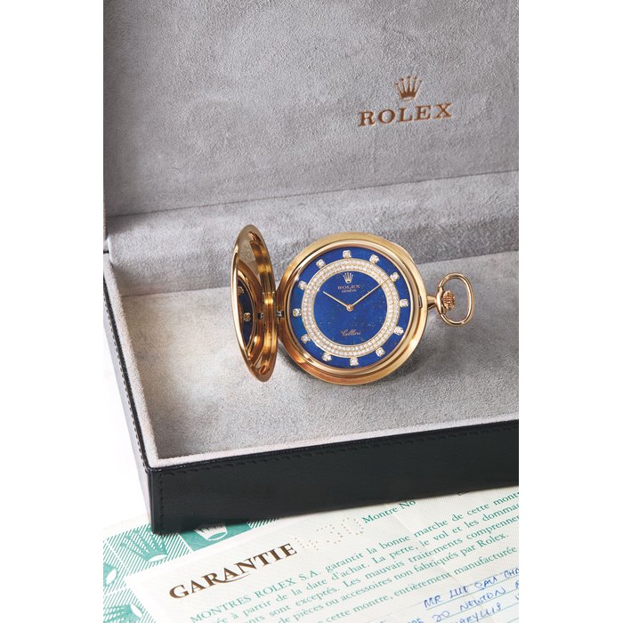 Rolex, A Gold and Diamond-Set Hunting-Cased Watch with Lapis Lazuli Dial, "Cellini" Ref. 3759/8 Case No. W000755 with box, outer card box, certificate and literature