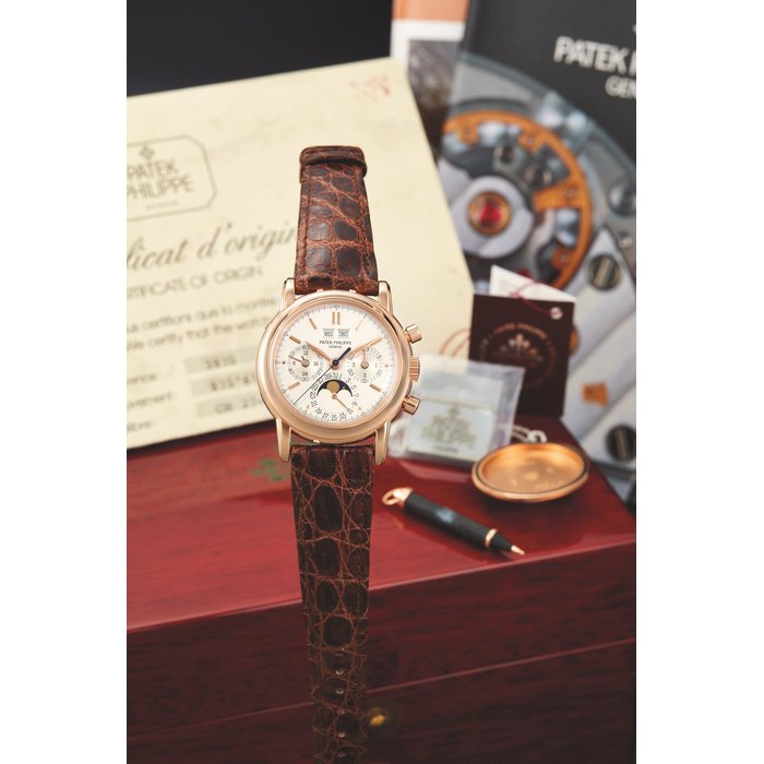 Patek Philippe, A Fine and Rare Pink Gold Perpetual Calendar Chronograph Wristwatch with Moonphase, Original Certificate of Origin, Presenation box, Spare Case Back and Tags, Ref. 3970ER, Movement No: 875'612, Case No: 2'881'773