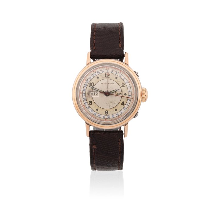 Movado. A stainless steel and pink gold capped manual wind triple calendar wristwatch Ref: 14819, Circa 1940