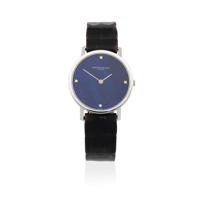 Vacheron Constantin. A mid-size 18K white gold and diamond set manual wind wristwatch with lapis lazuli dial Ref: 7243 P, Circa 1980