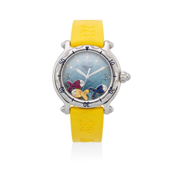 Chopard. A stainless steel quartz calendar wristwatch with stone set floating fish Happy Sport, Ref: 28/8347/8-402, Sold 22nd April 2006