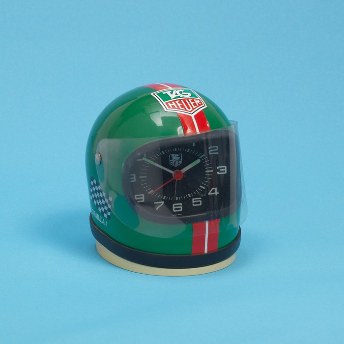 TAG Heuer. A miniature racing helmet desk clock with alarm Formula 1 Green, Ref: 44905, Circa 1980