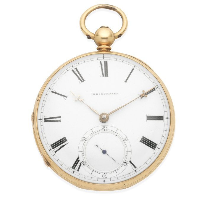E & E. Emanuel, 1 Burlington Gardens, London & Portsea. An 18K gold keyless wind open face chronometer pocket watch London Hallmark for 1855