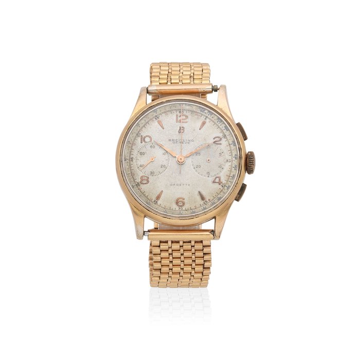 Breitling. An 18K gold manual wind chronograph bracelet watch Cadette, Circa 1950
