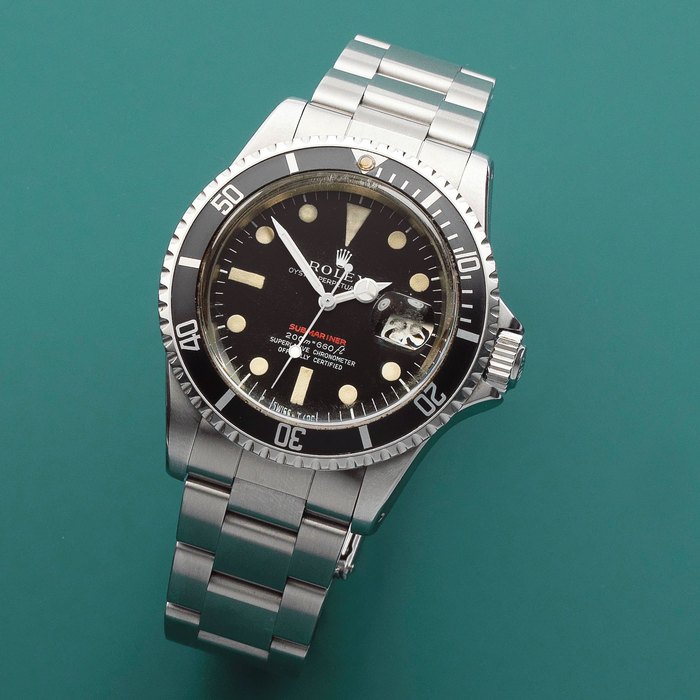 Rolex. A rare stainless steel automatic calendar bracelet watch Single Red Submariner, Ref: 1680, Sold 22nd December 1970
