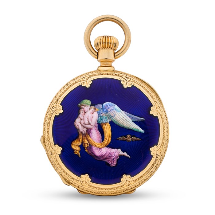 Patek Philippe Patek Philippe. A fine enameled 18K gold "Day and Night" hunter cased fob watch after sculptures by Albert Bertel Thorvaldsendated 1872 on cuvette, Price & Market Data