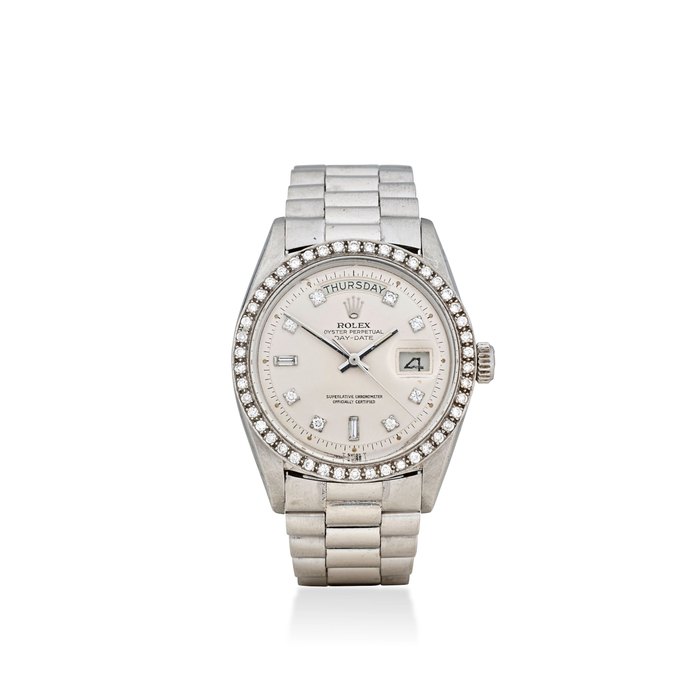Rolex. A platinum and diamond automatic bracelet watch with day and date Oyster Perpetual Day – Date, Ref: 1804/6, Circa 1972