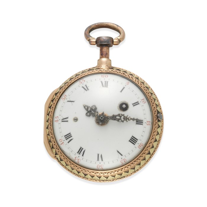 Aquimac, Paris. A two colour gold key wind open face consular cased repeating pocket watch Circa 1770