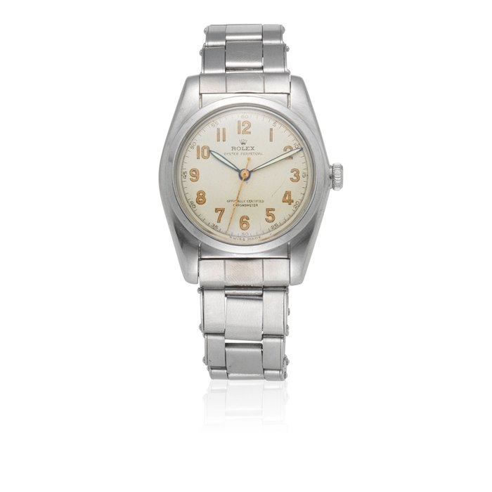 Rolex. A stainless steel automatic bubbleback bracelet watch Oyster Perpetual, Ref: 5050, Circa 1961
