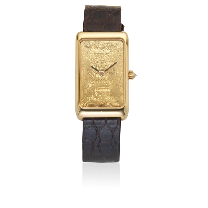 Corum. An 18K gold manual wind rectangular wristwatch with Ingot dial Ref: 14400, Circa 1990