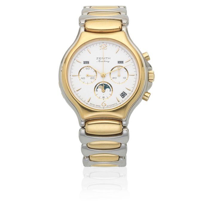 Zenith. A stainless steel and gold automatic triple calendar chronograph bracelet watch with moon phase Academy, Ref: 59.6000.410, Circa 1985