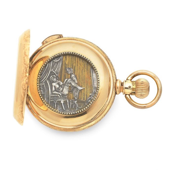  A 14K gold keyless wind quarter repeating full hunter pocket watch with erotic automaton Circa 1890, Price & Market Data