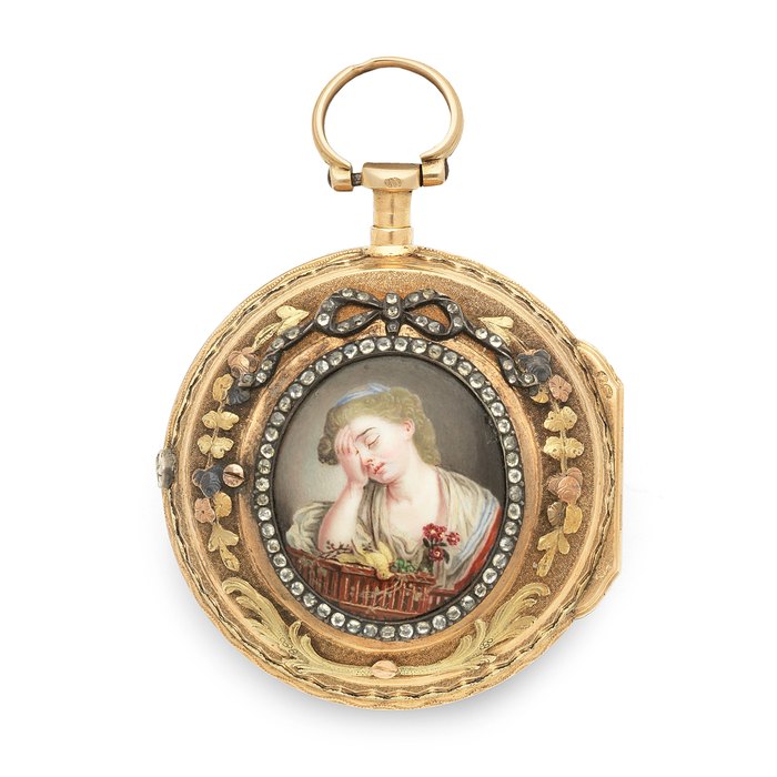 Abraham, Colomby. A gilt metal key wind pair case pocket watch with enamel portrait miniature Circa 1770