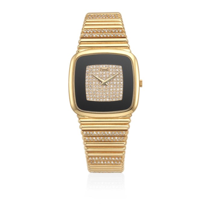Piaget. An 18K gold and diamond set manual wind bracelet watch with onyx and diamond set dial Ref: 9772 C 151, Circa 1980