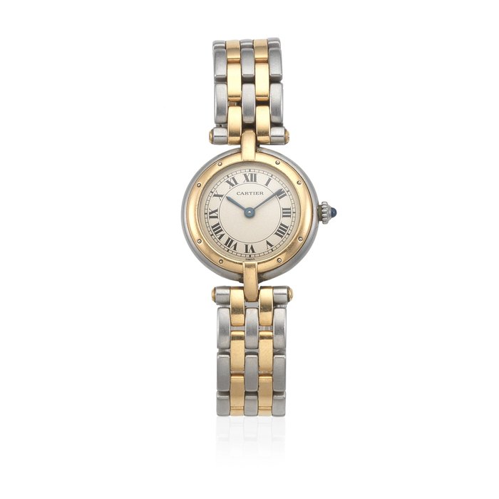 Cartier. A lady's stainless steel and gold quartz bracelet watch Pantheré, Ref: 24495, Circa 1990