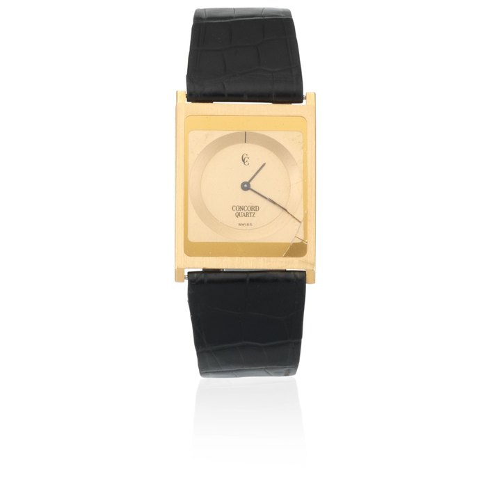 Piaget Concord. An 18K gold ultra-thin quartz rectangular wristwatch Circa 1990