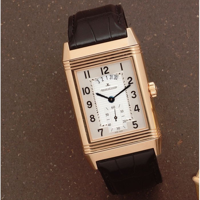 Jaeger-LeCoultre. An 18K rose gold manual wind calendar reversible rectangular wristwatch with 24-hour indication Night and Day, Ref: 273.2.85, Circa 2010