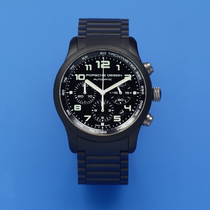 Porsche Design. A black DLC coated titanium automatic calendar chronograph bracelet watch Ref: P6612, Sold 1st March 2007