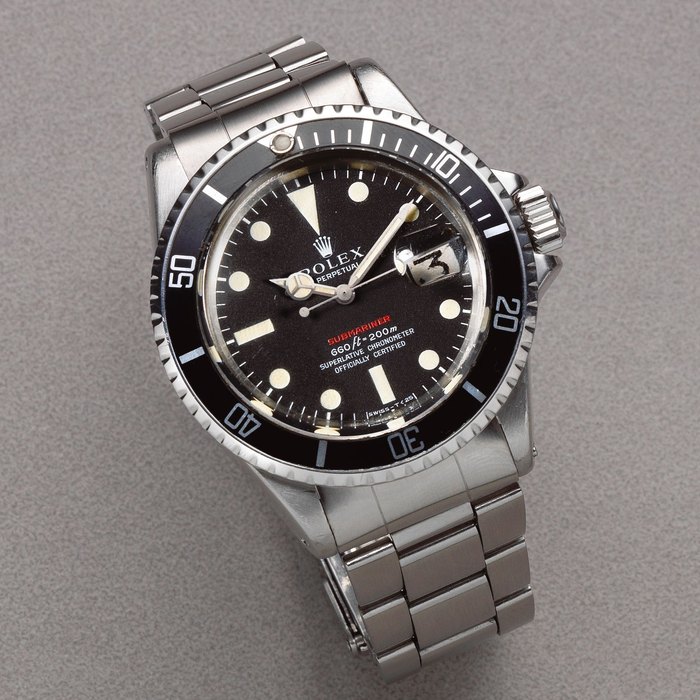 Rolex. A rare stainless steel automatic calendar bracelet watch Single Red Submariner, Ref: 1680, Circa 1972