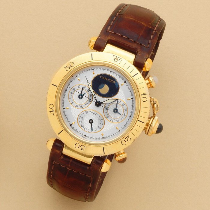 Cartier Cartier. An 18K gold automatic triple time zone wristwatch with moon phase Pasha, Ref: 0925-1, Circa 1998