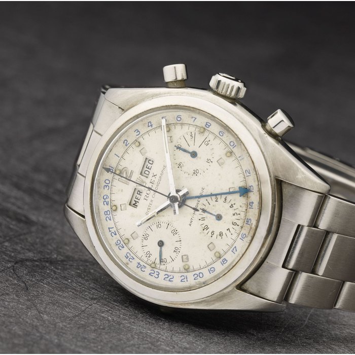 Rolex. An extremely rare stainless steel manual wind triple calendar chronograph bracelet watch Jean Claude Killy, Ref: 6036, Circa 1953