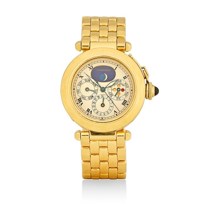Cartier Cartier. AN 18K GOLD unusual MECA-QUARTZ WRISTWATCH with PERPETUAL CALENDAR and moonphase DESIGNED BY GÉRALD GENTA Pasha Perpetuel, Ref: 30003, circa 1986