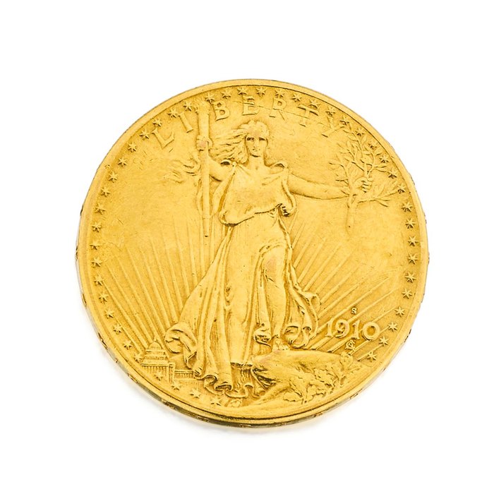 Tiffany & Co. An 18k gold manual wind United States 1910 Saint-Gaudens Double Eagle $20 coin watchmid 20th century