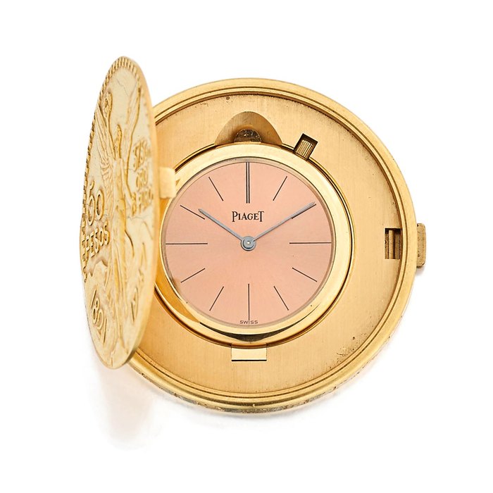 Piaget. A fine 18k gold manual wind Mexican Coat-of-Arms and 1821-1947 'independence' 50 Peso coin watchcirca 1980