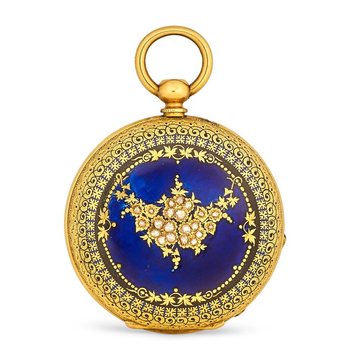 An 18K enameled gold cylinder fob watch, another gilt metal and an 18K enameled gold diamond set lady's watch casemid to late 19th century (3)
