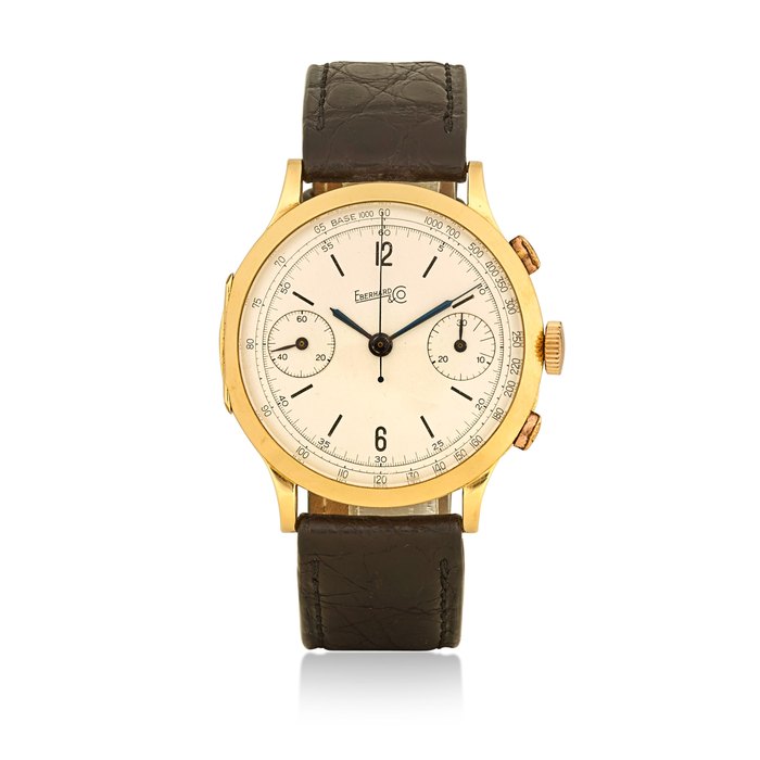 Eberhard & Co. A fine and uncommon 18K gold monopusher chronograph with lockout wristwatch1940's