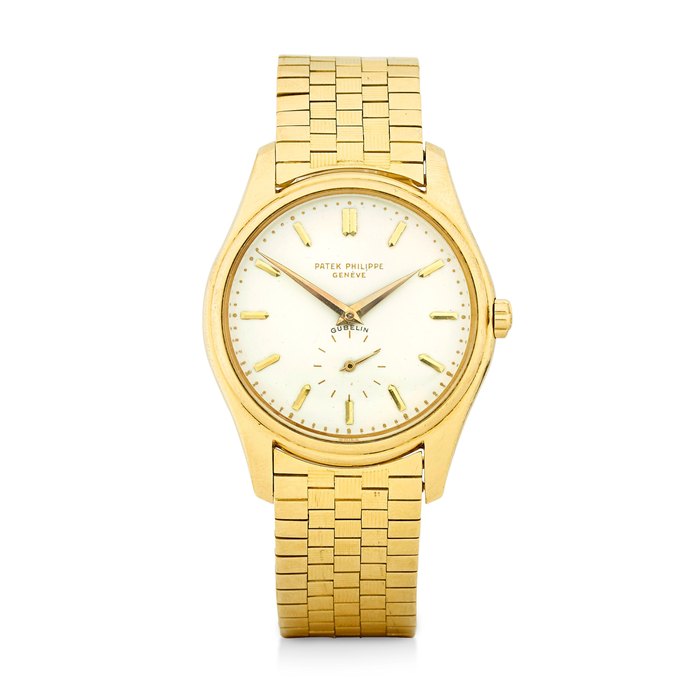Patek Philippe. A very fine and rare 18K gold first execution enamel dial wristwatch with braceletRetailed by Gübelin Ref: 2526, sold November 9, 1956